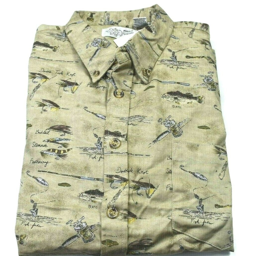 Field & Forest Men's 2XL Fishing Shirt‎ Button Down Tan All Over Print NWT